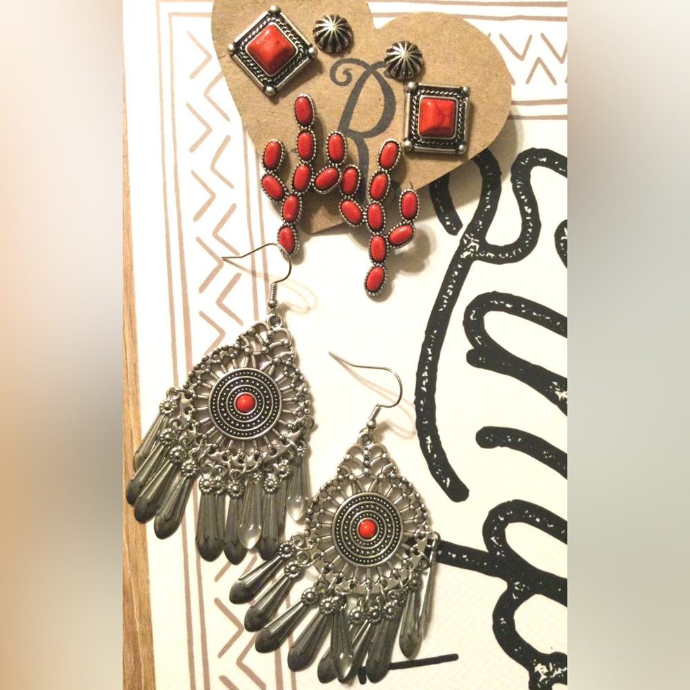 Elegant Silver and Red Earrings Western themed Earring Bundle